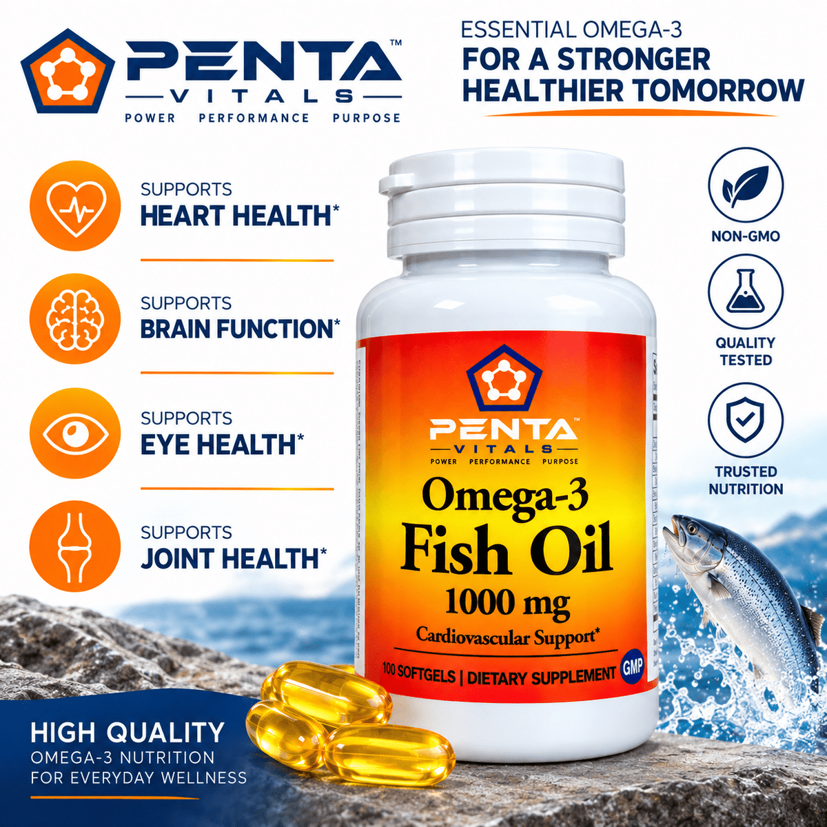 Penta Vitals Omega-3 Fish Oil 1000mg – EPA & DHA | 100 Softgels - Mann Nutrition