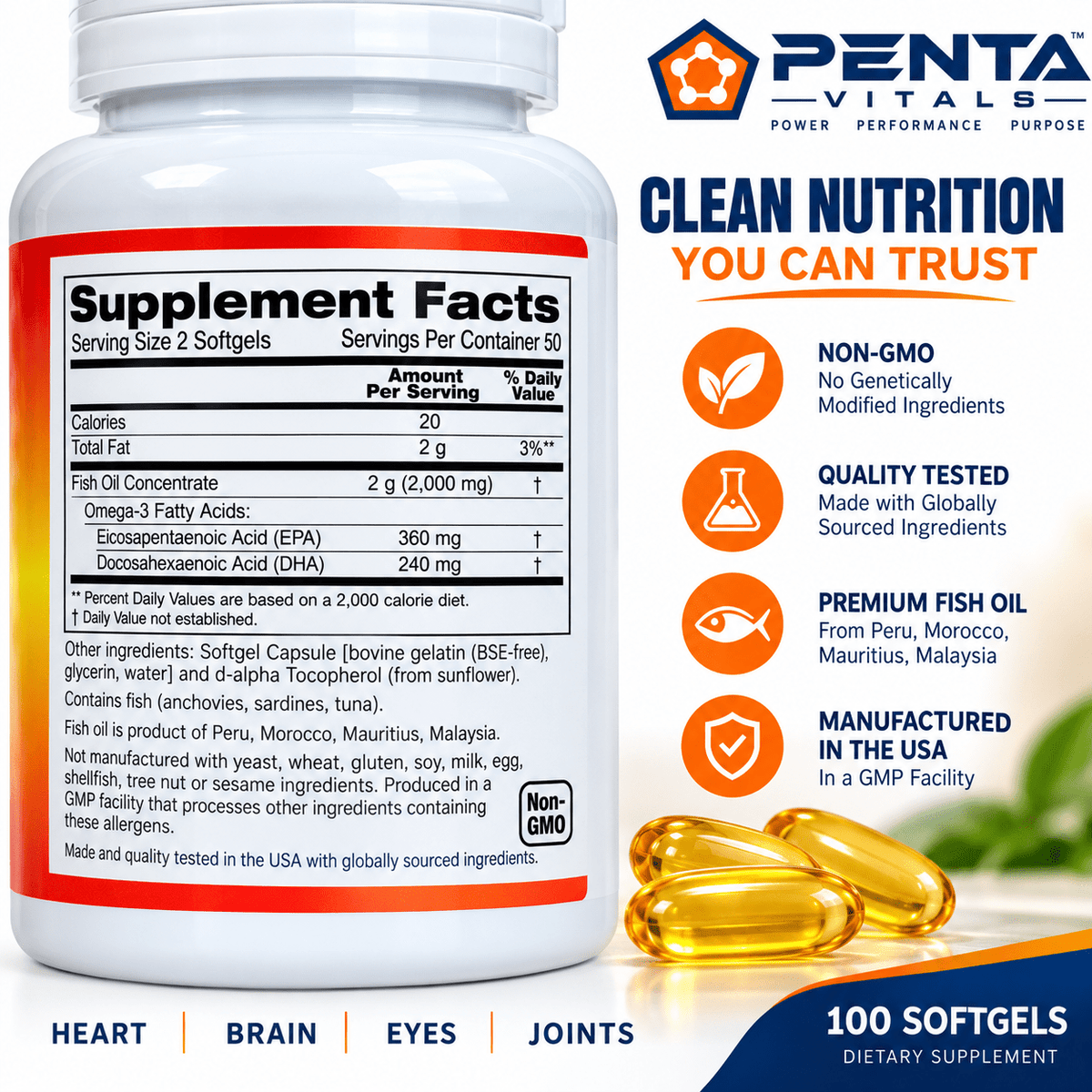 Penta Vitals Omega-3 Fish Oil 1000mg – EPA & DHA | 100 Softgels - Mann Nutrition