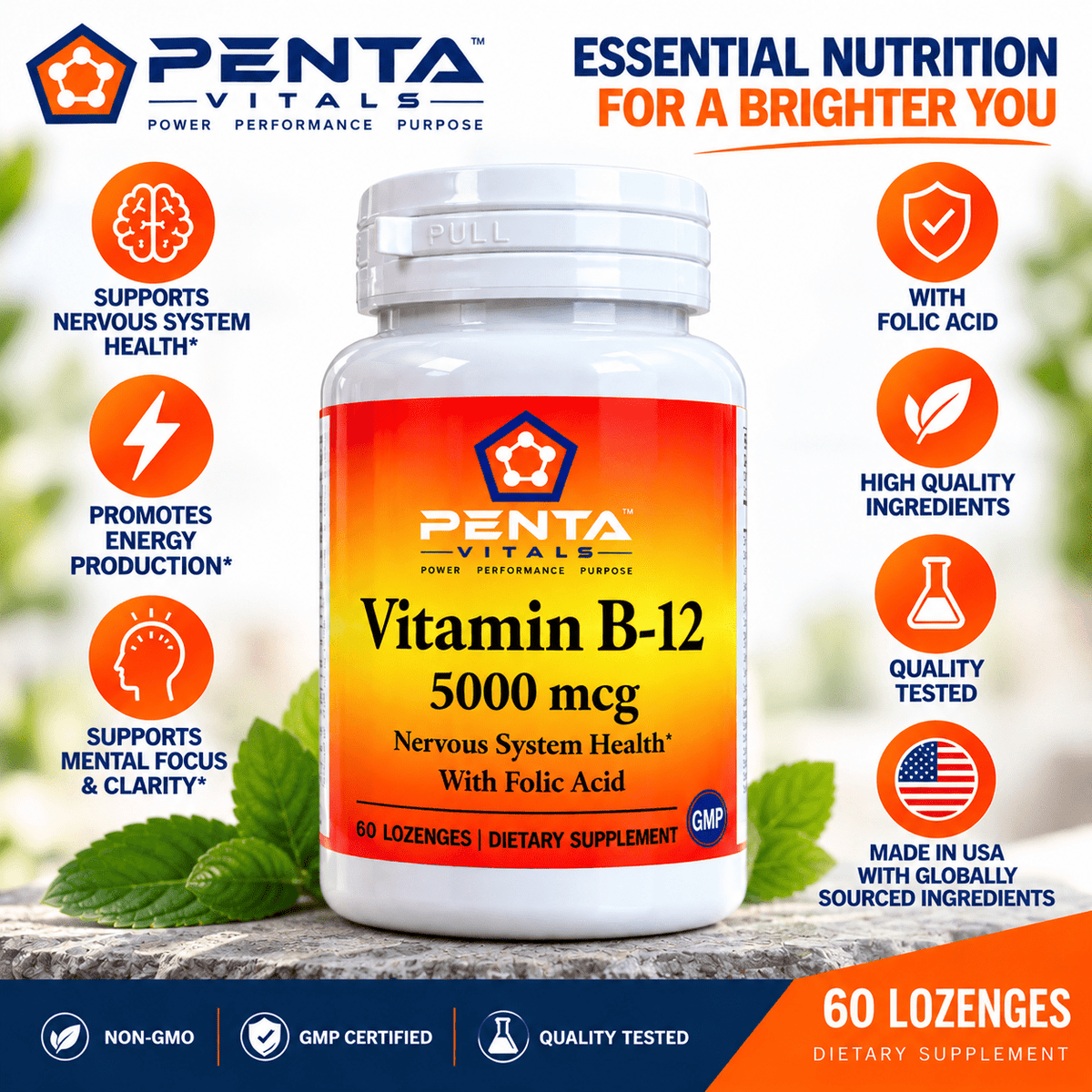 Penta Vitals Vitamin B-12 5000 mcg with Folic Acid – 60 Lozenges - Mann Nutrition