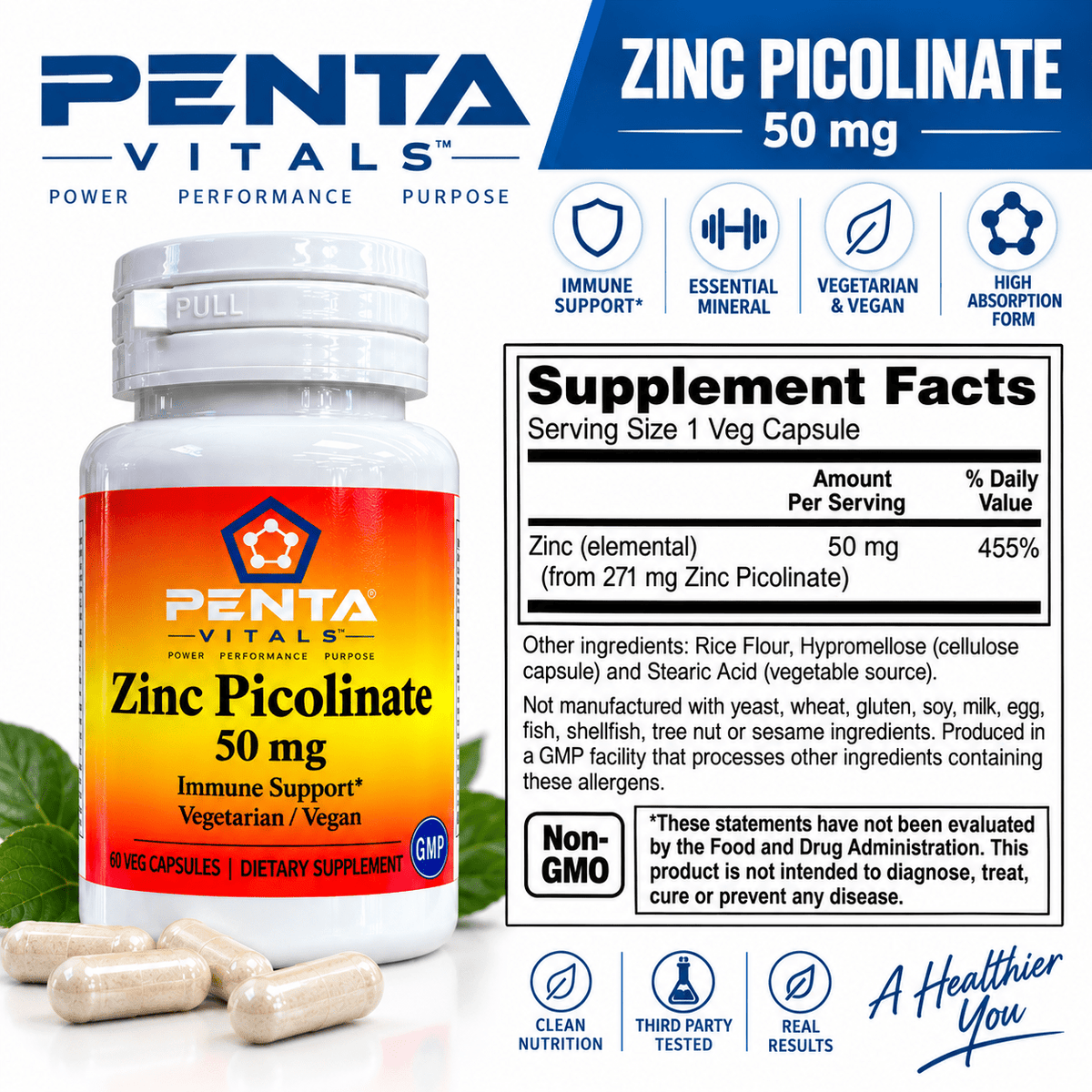 Penta Vitals Zinc Picolinate 50mg – Immune Support | 60 Veg Capsules - Mann Nutrition