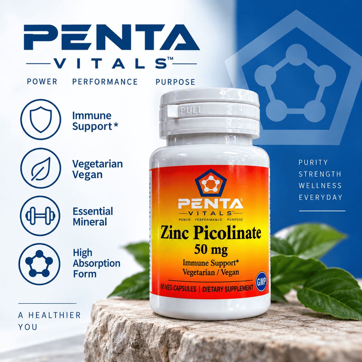 Penta Vitals Zinc Picolinate 50mg – Immune Support | 60 Veg Capsules - Mann Nutrition